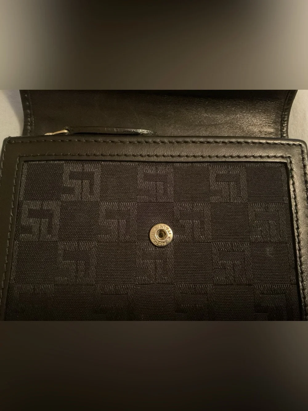 VINTAGE ST. JOHN Made in Italy Black Monogram Leather Oversized Wallet Gold Hard